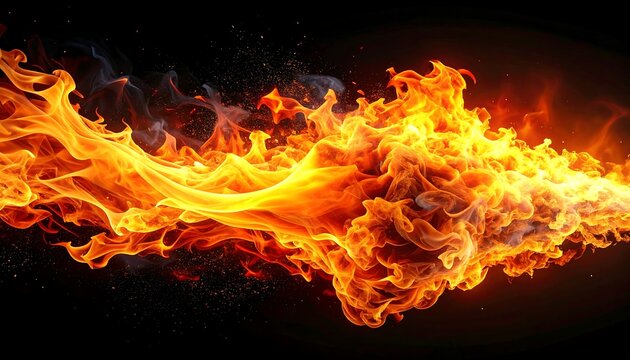 Vibrant flames on black background with white space