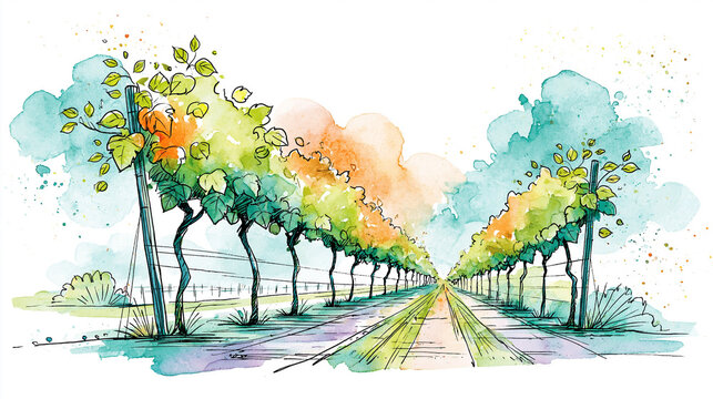 A watercolor sketch of a tree-lined pathway with vibrant green and orange foliage, extending towards a vanishing point under a blue sky.