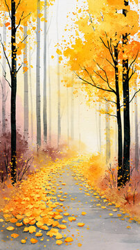 A serene autumn pathway lined with tall trees shedding golden leaves, creating a peaceful and colorful forest scene.