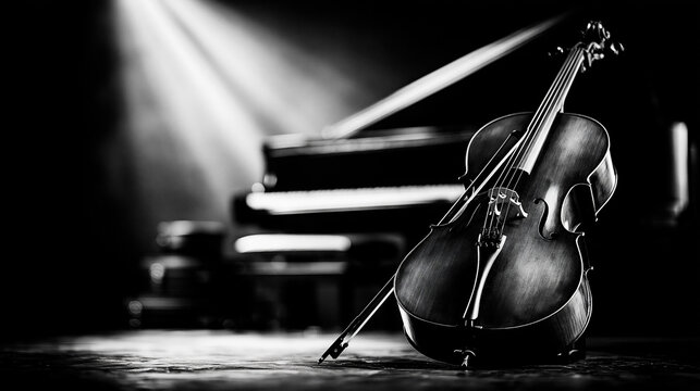 A black and white photo of a cello resting on the floor with a grand piano in the background under a spotlight.