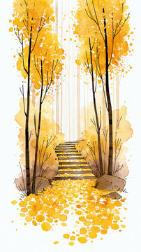A watercolor painting depicting an autumn forest path with tall trees, yellow leaves, and stone steps leading upward through a serene, colorful landscape.