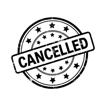 Cancellation Stamp: A stark, black and white graphic stamp with the word CANCELLED diagonally printed across it, set against a circular border filled with stars.