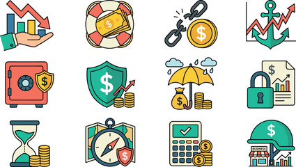 Financial Risk Management and Business Security Icon Set featuring Money Protection Shield Safe Vault Umbrella and Economic Stability Symbols for Banking Layouts © EdGe Creative