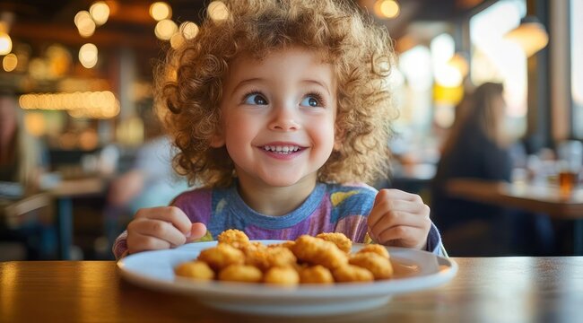 curly-haired child sitting at a restaurant table reaching toward a plate of golden fried bites with warm bokeh lights, appearing eager and expectant
