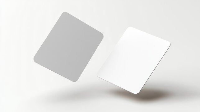 two floating rounded rectangular cards, one gray and one white, casting soft shadows on a minimal white surface with a calm minimalist composition