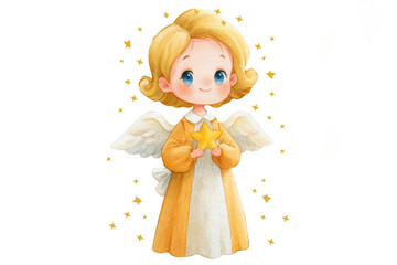 Naklejka premium Little blonde angel girl holding gold star with soft wings and sparkly magical light effects