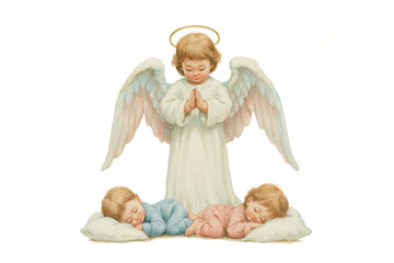 Naklejka premium gentle guardian angel with wings watches over two small children sleeping peacefully on pillows