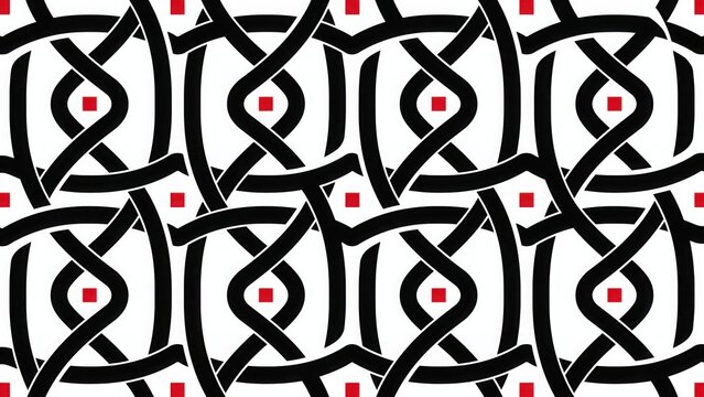 Geometric celtic knot pattern with interlocking black lines. Abstract tribal ornament with red square accents on white background. Seamless ethnic lattice design for textile and wallpaper.