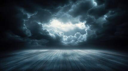 Fototapeta premium Empty wooden floor beneath dramatic storm clouds with a bright opening, moody and mysterious atmosphere