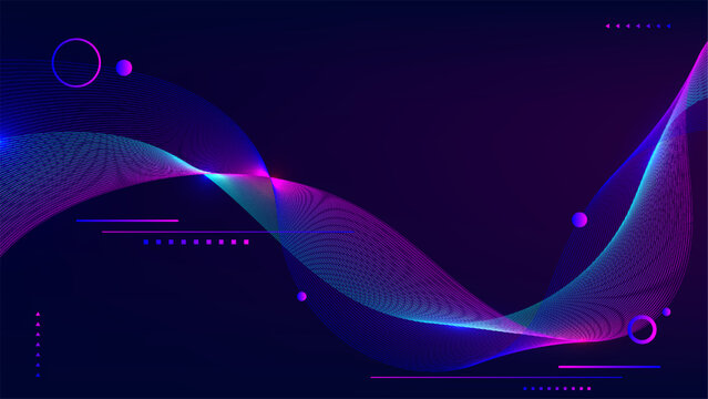 Abstract digital background with flowing neon wave lines in vibrant blue purple and magenta gradients over dark futuristic backdrop, modern tech design concept