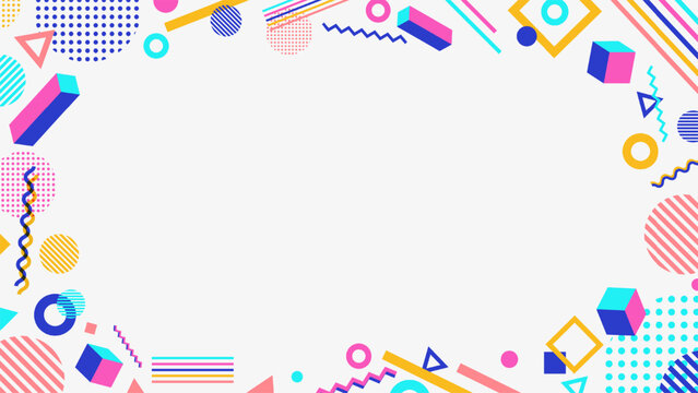 Memphis background with geometric frame and 3d cubes on white backdrop vibrant colorful border with abstract shapes and copy space, retro creative banner poster design template
