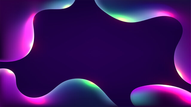 Abstract neon fluid background with glowing liquid organic shapes border on dark violet copy space, cyberpunk futuristic gradient design template