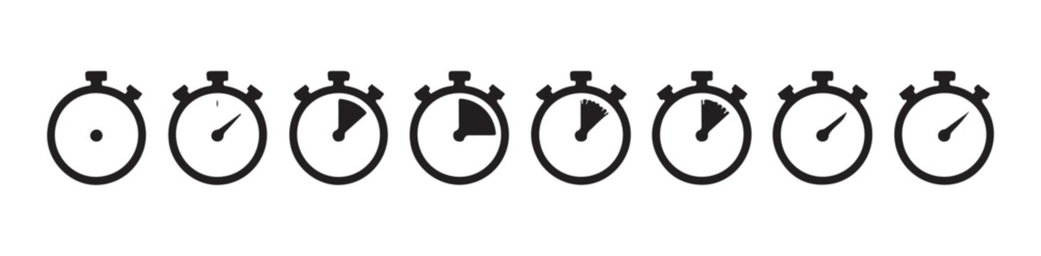 Collection of black stopwatch icons on a transparent background showing various progress intervals.