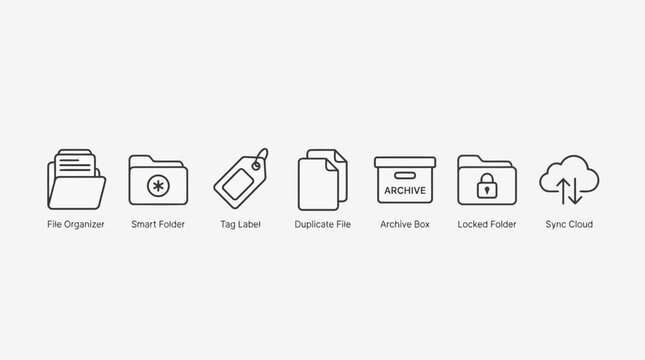 File management and data organization icon set featuring storage solutions including file organizer smart folder tag label duplicate file archive box locked folder and sync cloud backup symbols set.
