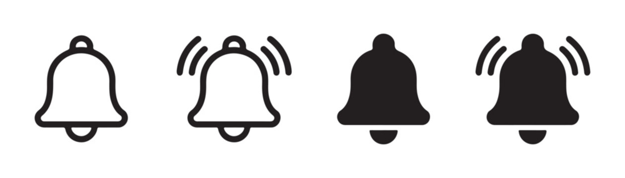 Collection of notification bell icons with sound waves and solid black style for various mobile apps.