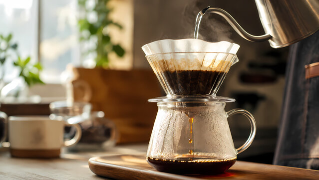 ハンドドリップでコーヒーを淹れる落ち着いたカフェ風景