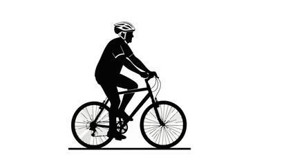 Obraz premium Black silhouette of a senior man riding a bicycle wearing a protective helmet and sports gear, isolated on a solid white background, side profile view of cyclist.