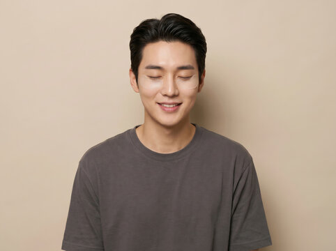 Handsome Young Asian Man with Under Eye Patches Smiling with Closed Eyes for Skincare Routine