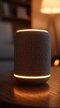 A Smart Speaker in Ambient Light: Showcasing Its Elegant Design and Dynamic Mood Lighting in a Cozy Living Room Setting