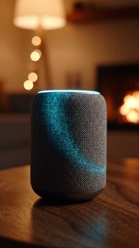 A sleek and modern smart speaker, elegantly designed to enhance your home ambiance, sitting on a wooden table with warm lighting and a cozy fire in the background.
