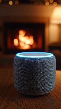 Cozy Serenity: A Smart Device Radiates Gentle Light Against a Warm Fireplace, Perfectly Embodying Comfort and Convenience in a Modern Home Setting.