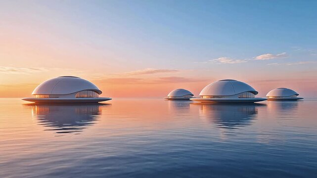 Futuristic floating dome structures at sunset