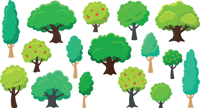 Green Cartoon Tree Vector Set featuring Oak Bush Fruit and Cypress Varieties for Casual Mobile Game Level Design and Environment Assets