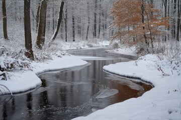 Obraz premium Serene snowy forest stream winding between snow-covered banks and bare trunks with a single orange-leaved tree, quiet winter landscape