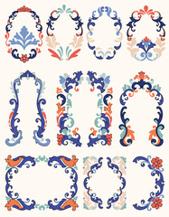 Fototapeta premium Whimsical baroque frames and renaissance borders. Oval, arch and rectangle shapes with vintage victorian elegance decorated with whimsy lines and squiggles for wedding and birthday invitation cards. 