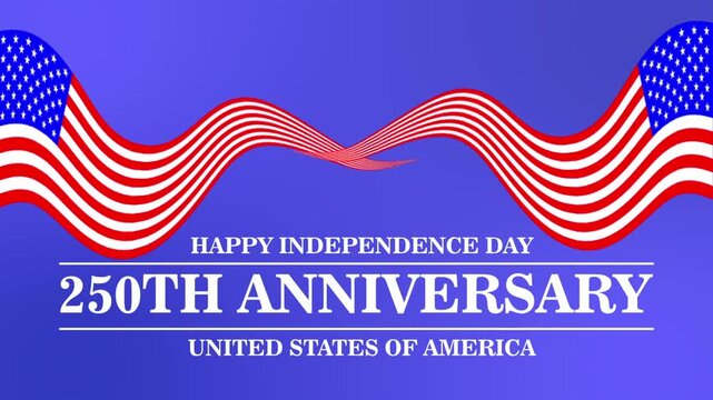 Banner 250th anniversary of the USA. 250 years of independence. 4th of july 2026 usa independence day, video greeting card. US flag fireworks on blue sky background. Fourth of july. 4k seamless loop