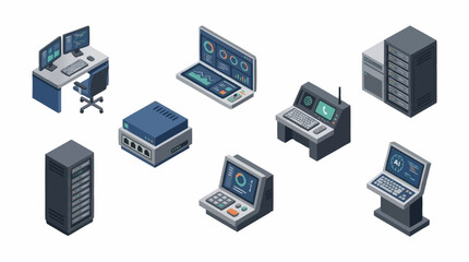 Fototapeta premium Collection of isometric office technology devices and servers.