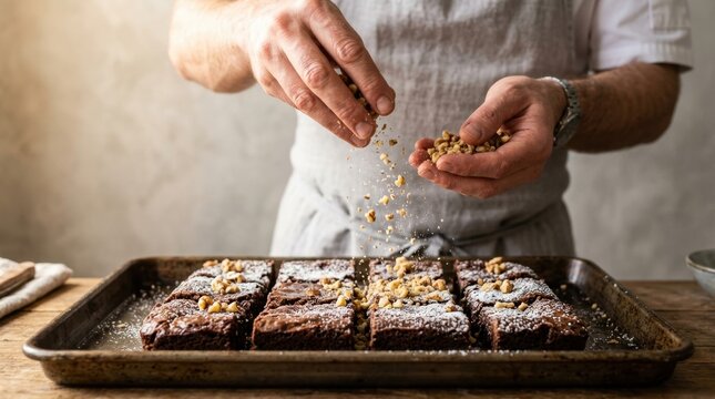 Professional chef's hands sprinkling chopped nuts and icing sugar on freshly baked brownies arranged in a baking tray.