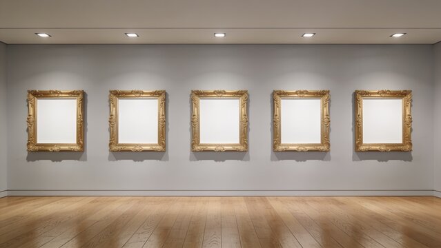 Minimalist art gallery with five ornate gold picture frames on a light gray wall, blank white canvases, polished wooden floor, soft ambient lighting, symmetrical layout, realistic museum interior, ult
