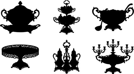 Collection of elegant antique ornate tableware silhouettes. Featuring classic servingware, candelabra, and decorative stands vector illustrations for sophisticated dining. © MstBijly