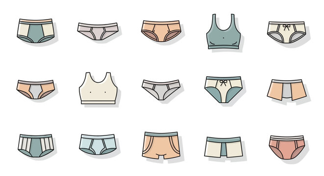 Collection of underwear icons including panties briefs and bras in hand drawn sticker style.
