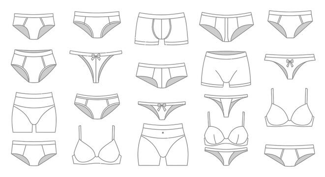 Collection of underwear line art icons including briefs boxers bras and panties vector sketches.