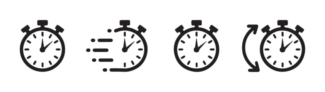 Stopwatch icon set with speed lines and counter clockwise arrow symbols for timer and deadline design.