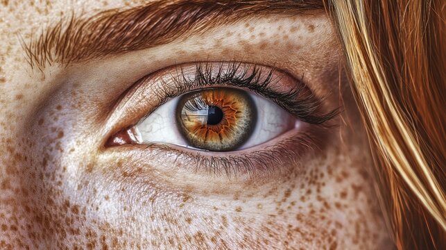 Hazel Eye Gaze With Freckles and Auburn Hair Close Up Portrait Detail