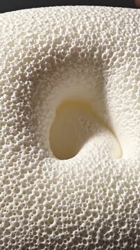 Detailed Close-Up of a Textured Foam Surface Showing Its Intricate Pore Patterns and Unique Contours in a Soft, White Material