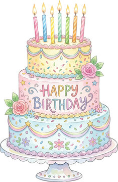 Multilayered pastel birthday cake with lit candles, sweet decorations, floral icing. Perfect for birthday invitations, party decorations, celebrations.