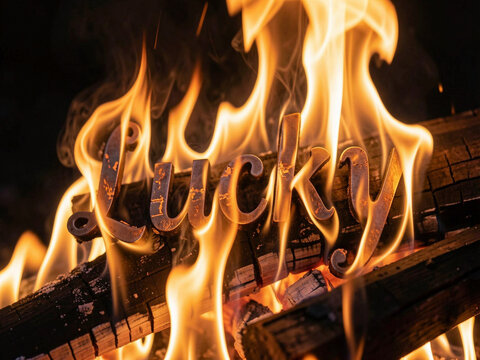 happy fire. word with burning fire on the background of the fireplace.
