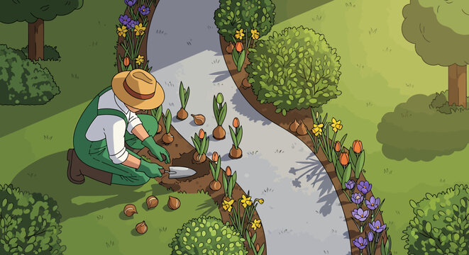 Gardener planting flower bulbs along a winding garden path in spring vector illustration.