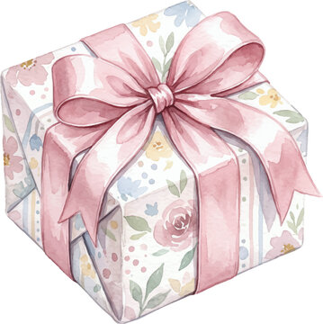 Floral gift box with pink satin bow decorative pattern, pastel colored artistic illustration. Suitable for invitations, greeting cards, packaging design.