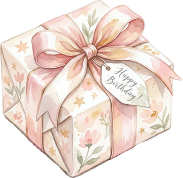 Floral birthday gift box pattern with pink ribbon in soft pastel watercolor cute style. Suitable for greeting cards, stationery, and packaging design.