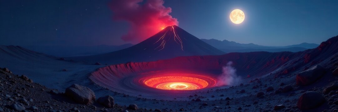 Etna's volcanic crater, moonlit, resembling a Martian scene , moon, mars