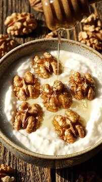 Deliciously Creamy Yogurt Bowl Topped with Crunchy Walnuts and Drizzled with Golden Honey, Perfect for a Nutritious Breakfast or Snack Option