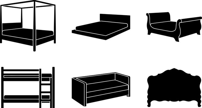 Diverse vector silhouettes of bed furniture types, including four-poster, modern, bunk bed, sofa, and classic designs for home interior projects.