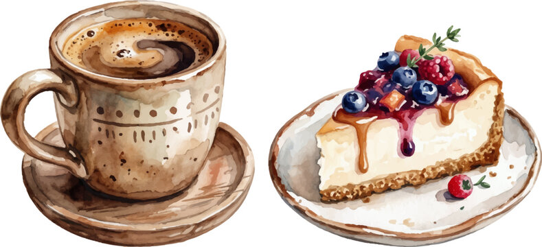 Mouthwatering composition of a hot coffee mug, cheesecake slice, fresh blueberries  perfect for food blogging or culinary projects.