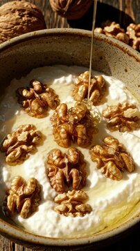 Deliciously Creamy Yogurt Topped with Crunchy Walnuts and Drizzled with Honey, Capturing the Perfect Breakfast or Snack Delight in Two Stunning Frames