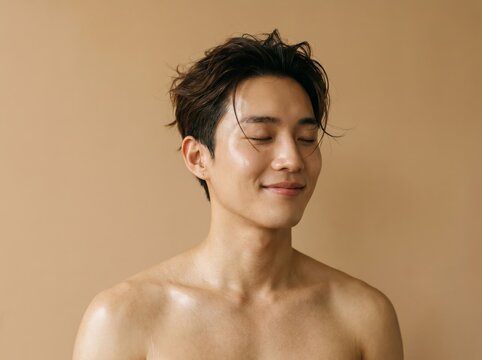 Handsome Young Asian Man with Closed Eyes and Bare Shoulders Smiling for Skincare Concept